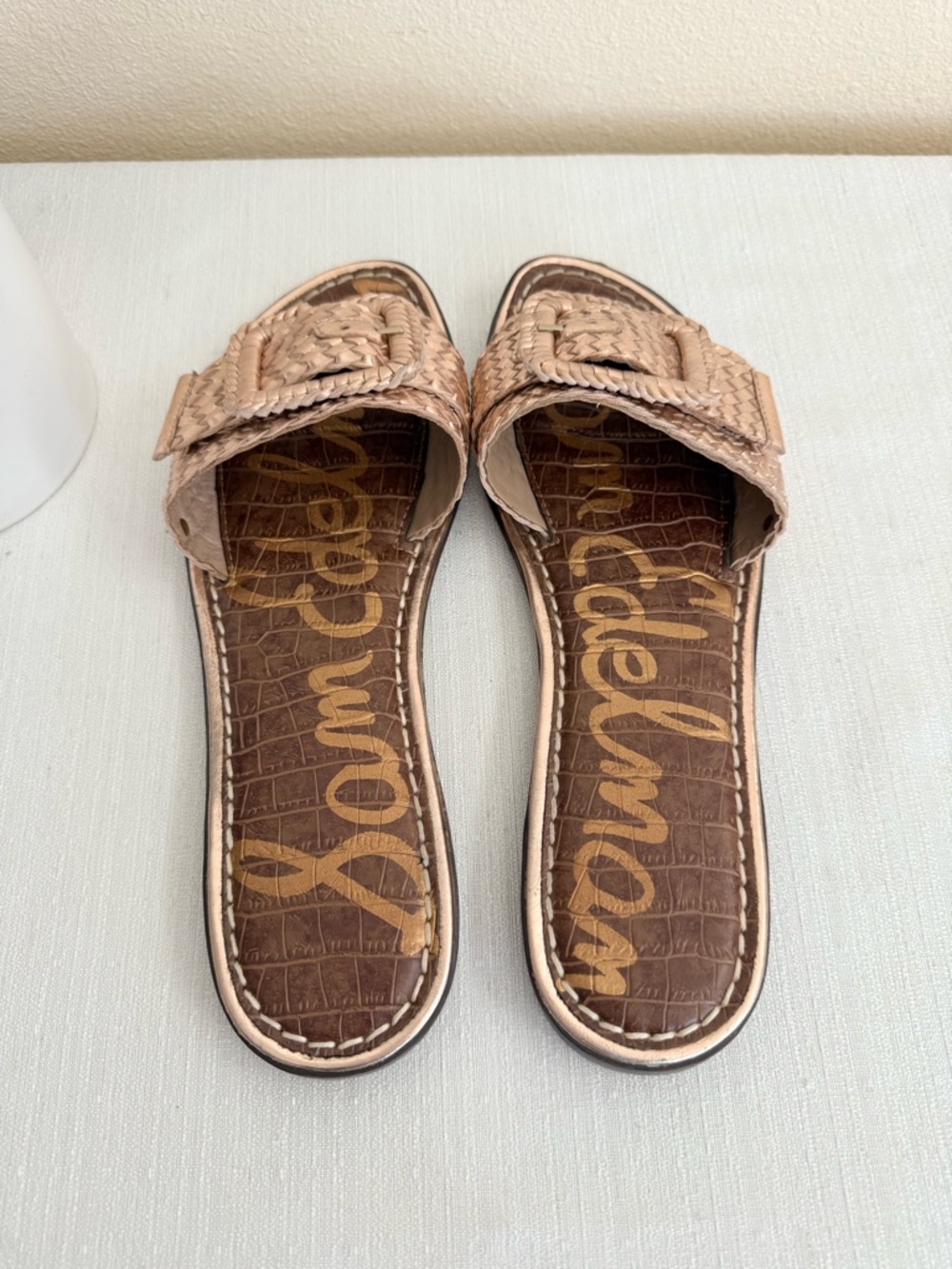 Sam Edelman Gavriela 2 Rose Gold Woven Leather Buckle Slide Sandals - Picture 7 of 11